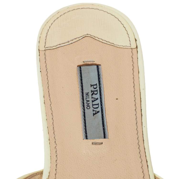 Pre Owned Prada Cream Patent Saffiano Leather Crystal Embellished Flat Sandals Size 38 