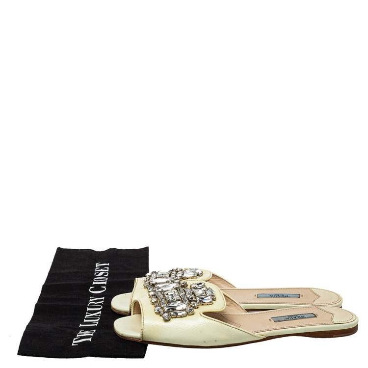 Pre Owned Prada Cream Patent Saffiano Leather Crystal Embellished Flat Sandals Size 38 
