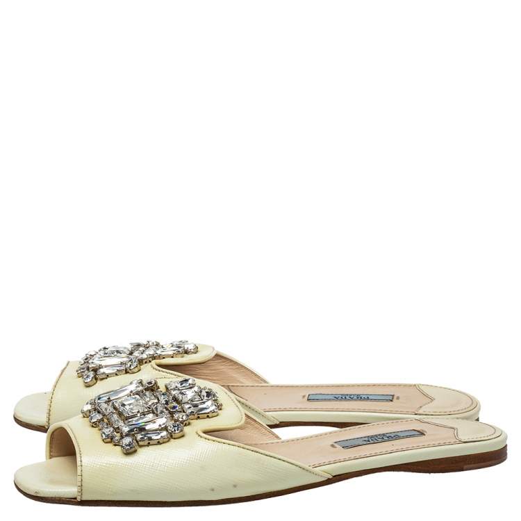 Pre Owned Prada Cream Patent Saffiano Leather Crystal Embellished Flat Sandals Size 38 