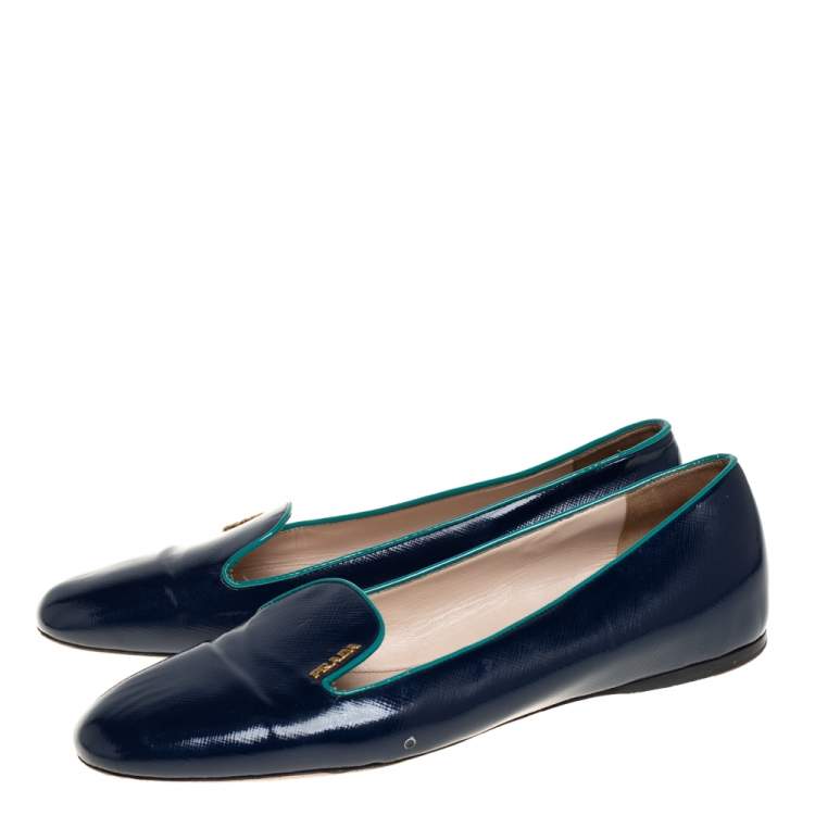 Pre Owned Prada Dark Blue Patent Saffiano Leather Smoking Slippers Size 40