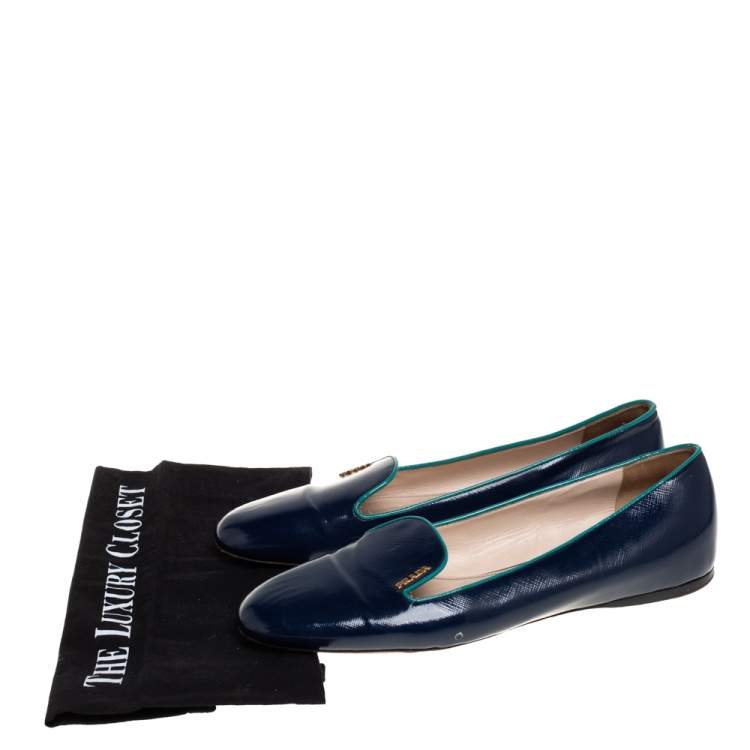 Pre Owned Prada Dark Blue Patent Saffiano Leather Smoking Slippers Size 40