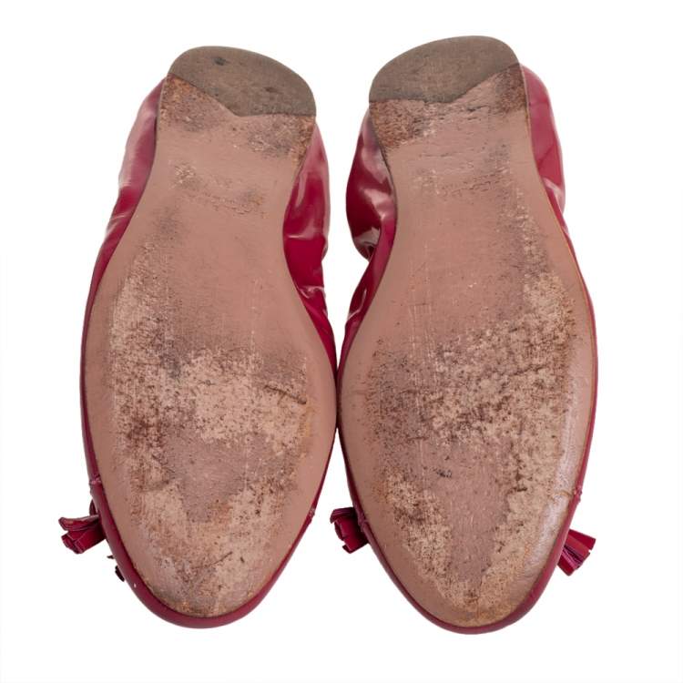 Pre Owned Prada Pink Patent Leather Tassel Bow Scrunch Ballet Flats Size 35