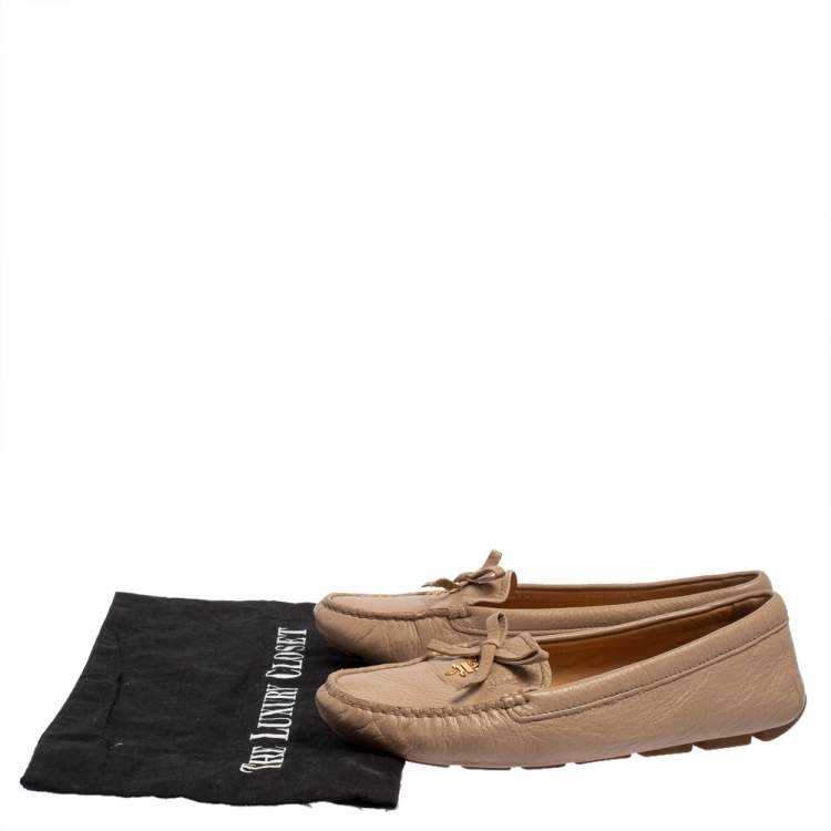 Pre Owned Prada Beige Leather Slip On Loafers Size 37.5