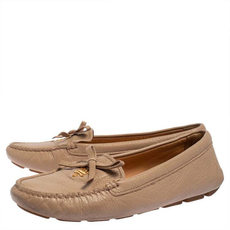 Pre Owned Prada Beige Leather Slip On Loafers Size 37.5