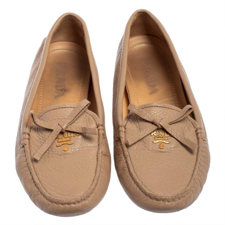 Pre Owned Prada Beige Leather Slip On Loafers Size 37.5