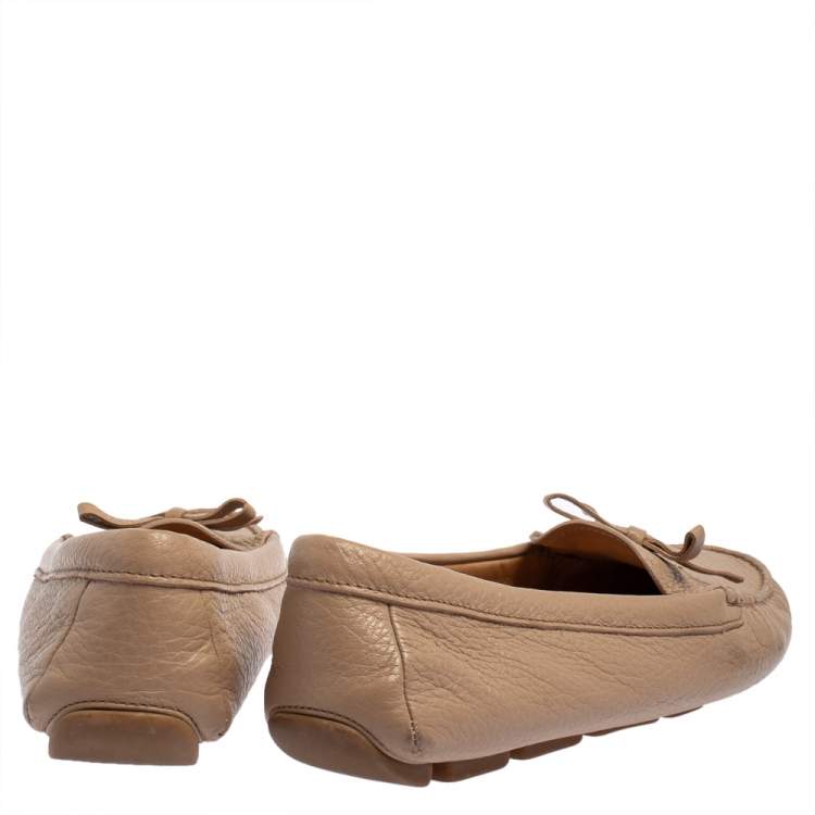 Pre Owned Prada Beige Leather Slip On Loafers Size 37.5