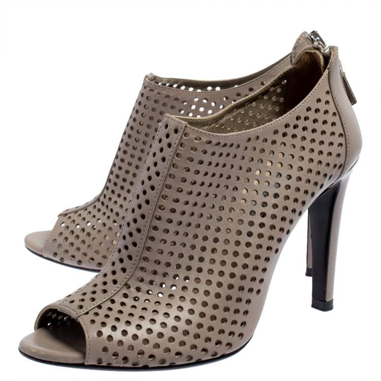 Pre Owned Prada Grey Perforated Leather Open Toe Booties Size 36.5
