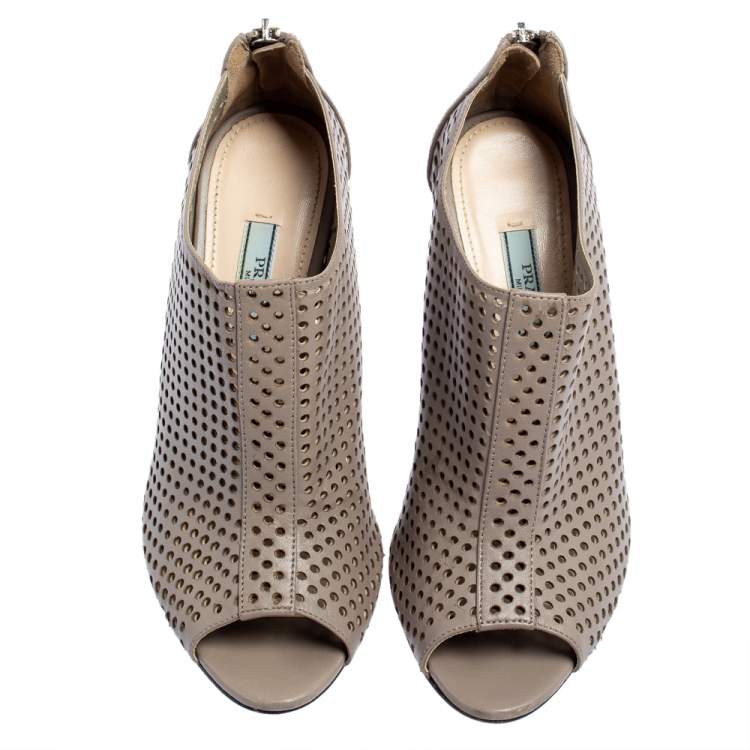 Pre Owned Prada Grey Perforated Leather Open Toe Booties Size 36.5