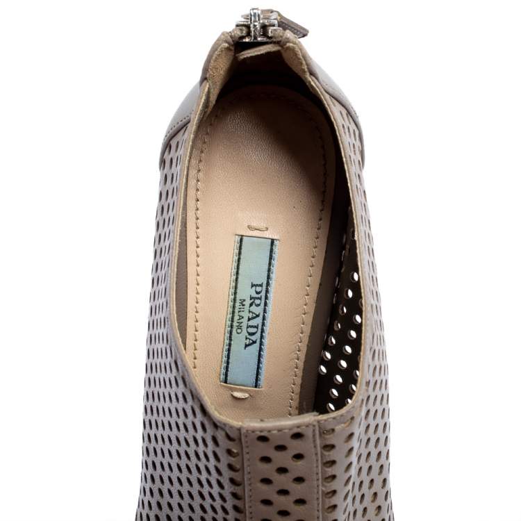 Pre Owned Prada Grey Perforated Leather Open Toe Booties Size 36.5