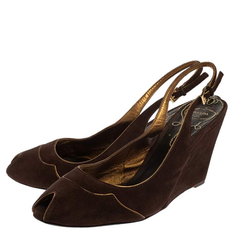 Pre Owned Prada Brown Suede Wedge Peep Toe Sandals Size 41