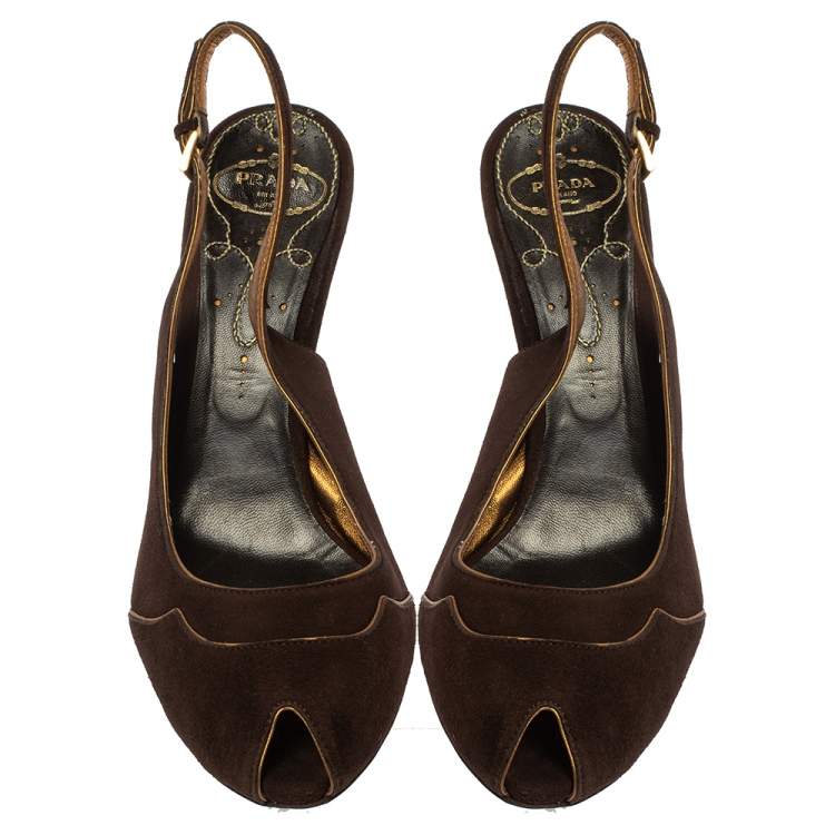 Pre Owned Prada Brown Suede Wedge Peep Toe Sandals Size 41
