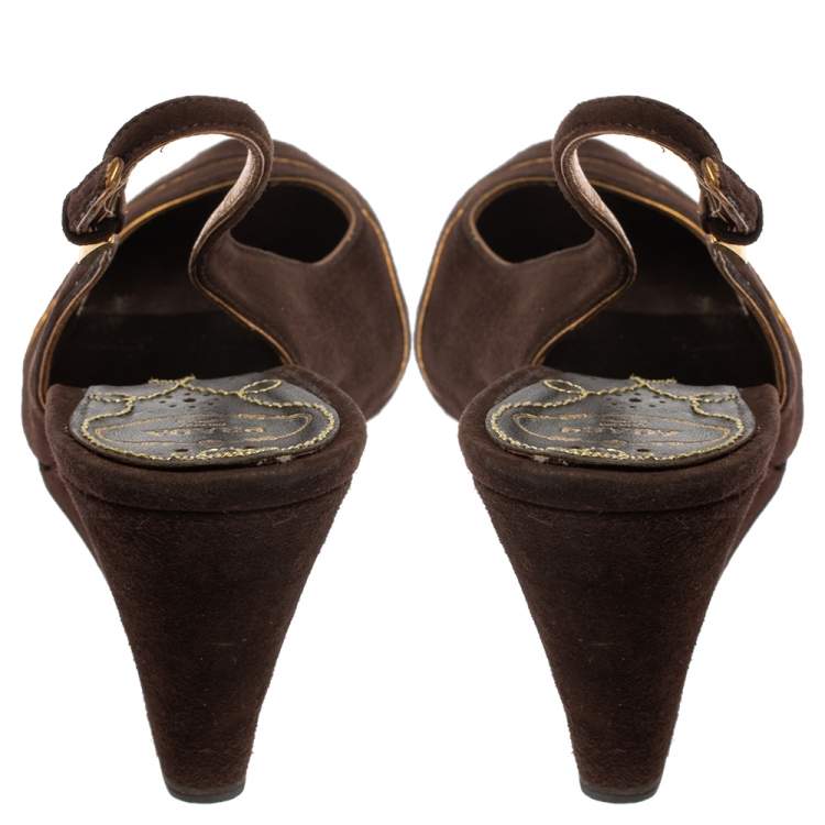 Pre Owned Prada Brown Suede Wedge Peep Toe Sandals Size 41