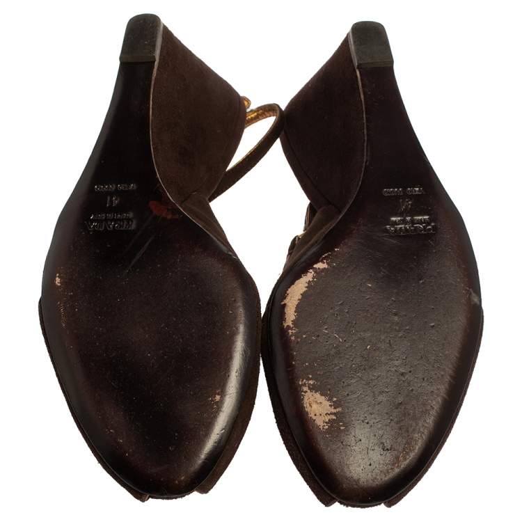 Pre Owned Prada Brown Suede Wedge Peep Toe Sandals Size 41