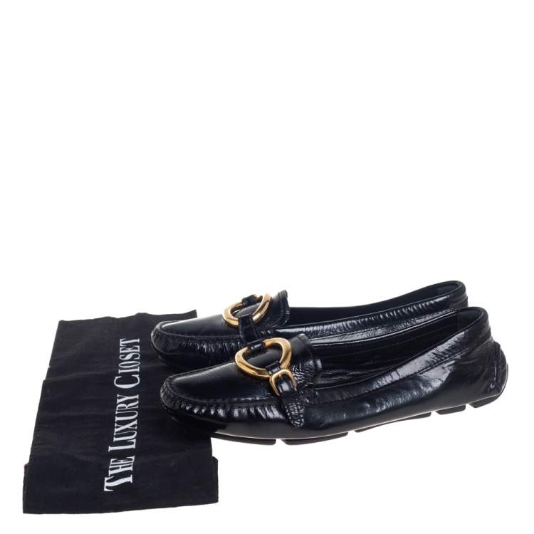 Pre Owned Prada Black Patent Leather Slip On Loafers Size 36.5