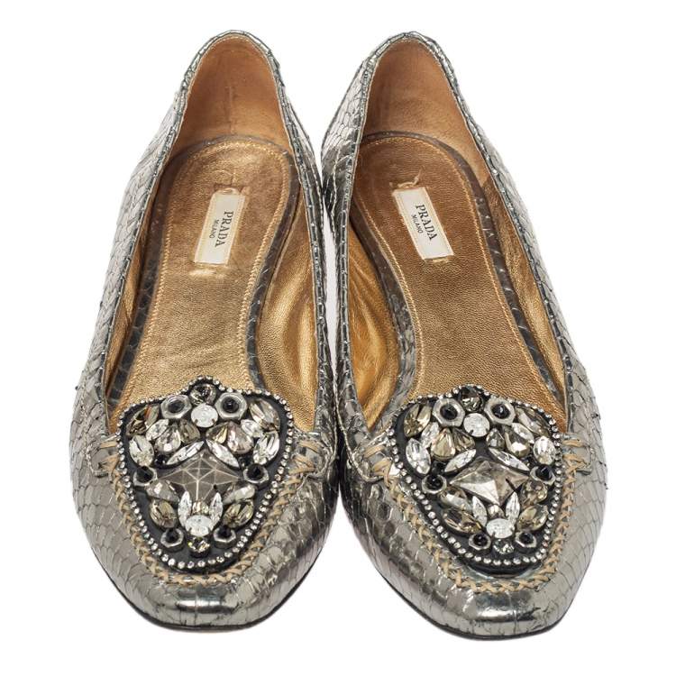 Pre Owned Prada Metallic Silver Snakeskin Embossed Leather Embellished Loafers Size 39