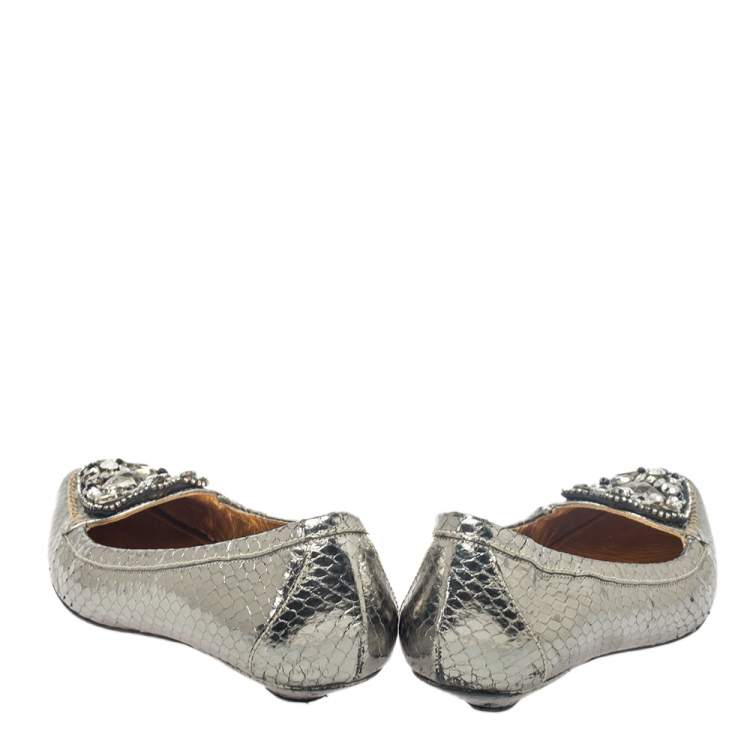 Pre Owned Prada Metallic Silver Snakeskin Embossed Leather Embellished Loafers Size 39