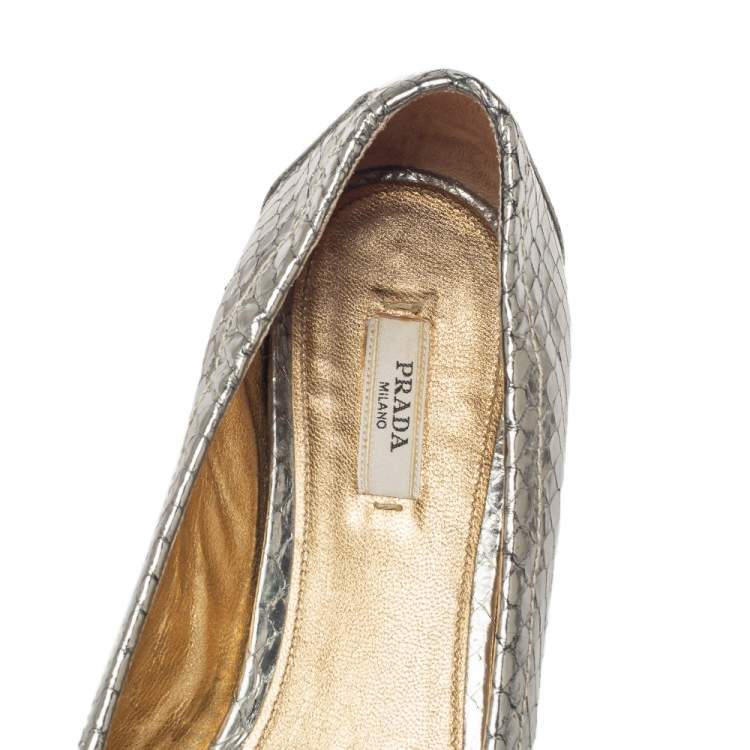 Pre Owned Prada Metallic Silver Snakeskin Embossed Leather Embellished Loafers Size 39