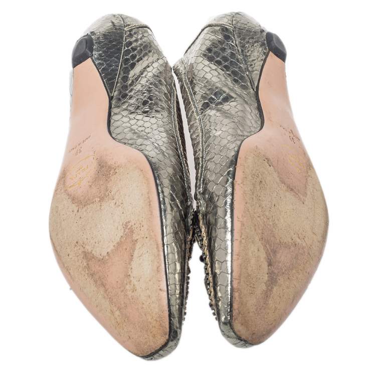Pre Owned Prada Metallic Silver Snakeskin Embossed Leather Embellished Loafers Size 39