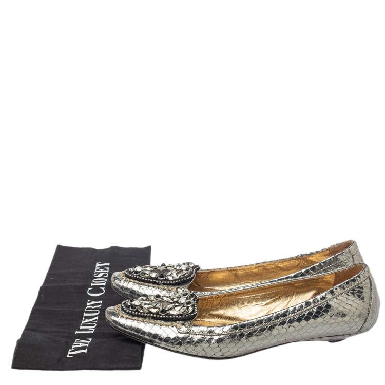 Pre Owned Prada Metallic Silver Snakeskin Embossed Leather Embellished Loafers Size 39