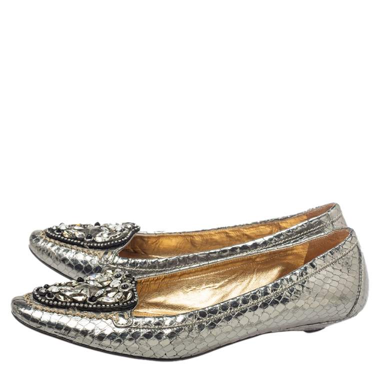 Pre Owned Prada Metallic Silver Snakeskin Embossed Leather Embellished Loafers Size 39