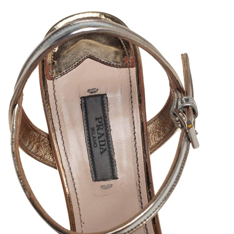 Pre Owned Prada Silver/Gold Leather Open Toe Ankle Strap Platform Sandals Size 41