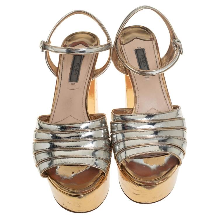 Pre Owned Prada Silver/Gold Leather Open Toe Ankle Strap Platform Sandals Size 41