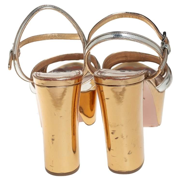 Pre Owned Prada Silver/Gold Leather Open Toe Ankle Strap Platform Sandals Size 41