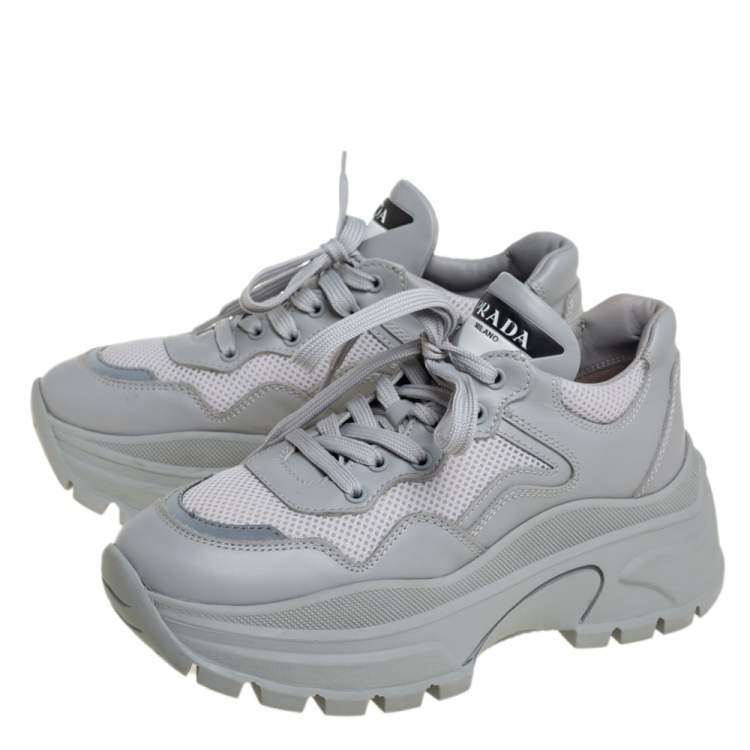 Pre Owned Prada Grey Mesh And Leather Panel Chunky Low Top Sneakers Size 37.5