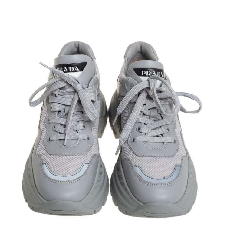 Pre Owned Prada Grey Mesh And Leather Panel Chunky Low Top Sneakers Size 37.5