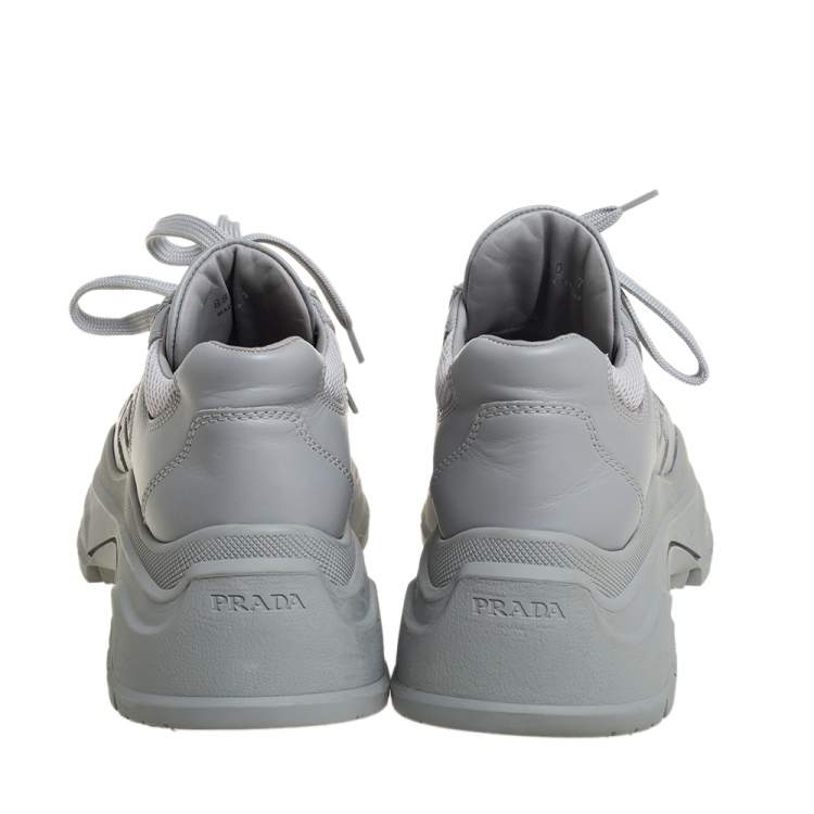 Pre Owned Prada Grey Mesh And Leather Panel Chunky Low Top Sneakers Size 37.5