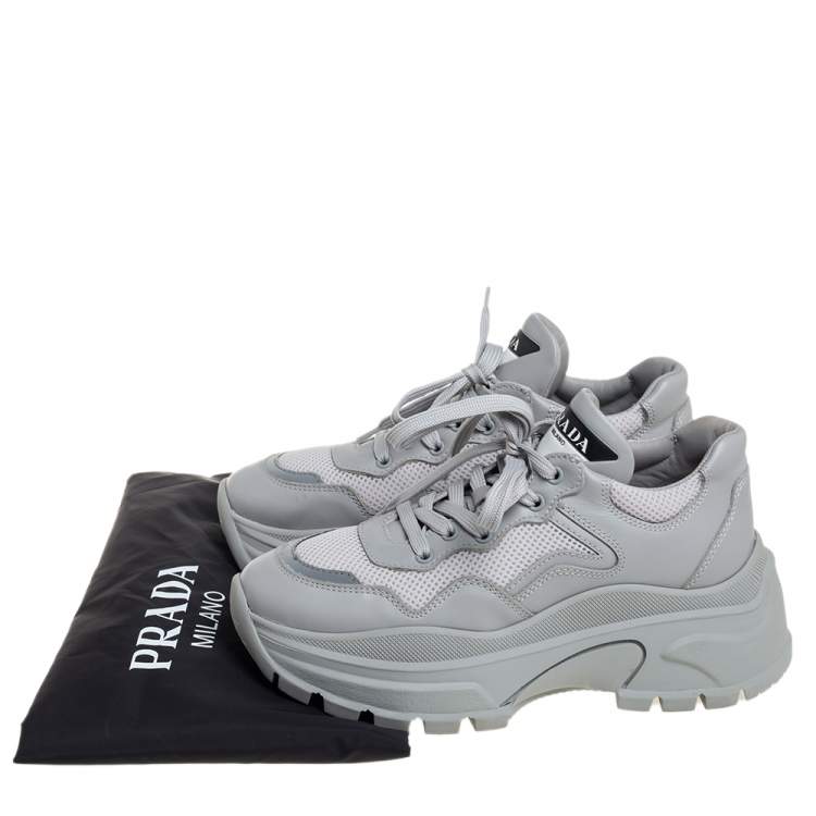 Pre Owned Prada Grey Mesh And Leather Panel Chunky Low Top Sneakers Size 37.5
