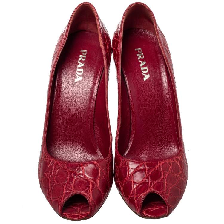 Pre Owned Prada Red Embossed Leather Peep Toe Pumps Size 40