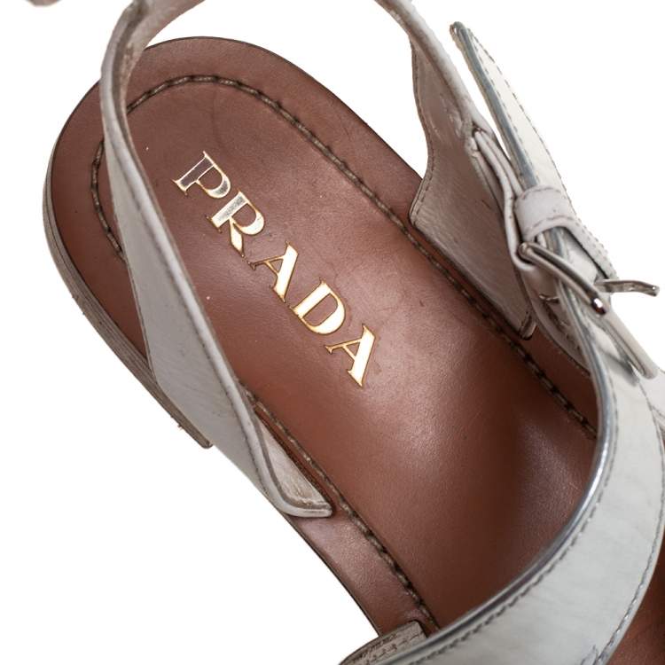 Pre Owned Prada White/Silver Leather Flat Ankle Strap Sandals Size 37