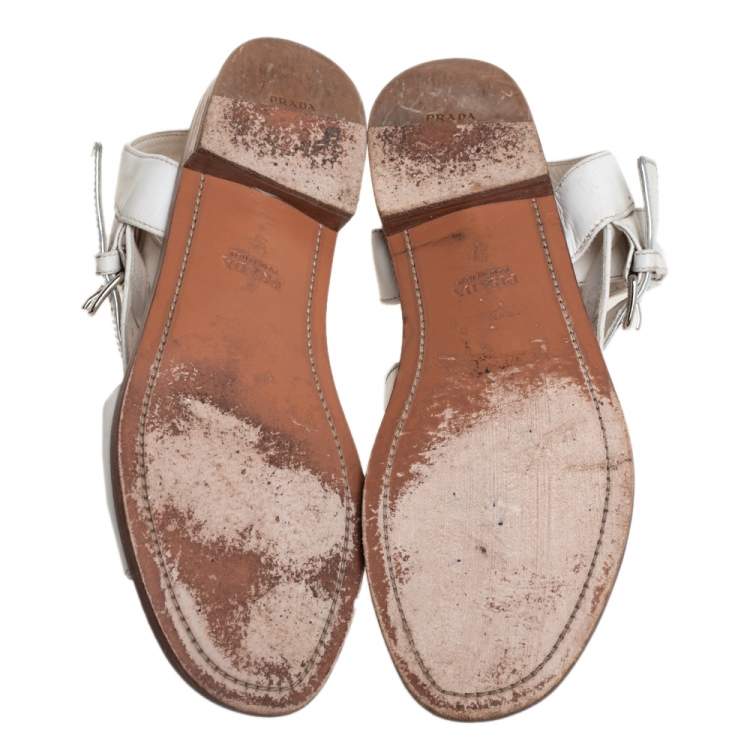 Pre Owned Prada White/Silver Leather Flat Ankle Strap Sandals Size 37