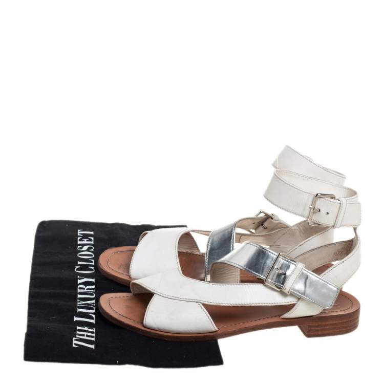 Pre Owned Prada White/Silver Leather Flat Ankle Strap Sandals Size 37