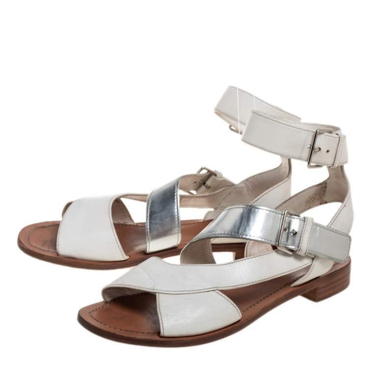 Pre Owned Prada White/Silver Leather Flat Ankle Strap Sandals Size 37