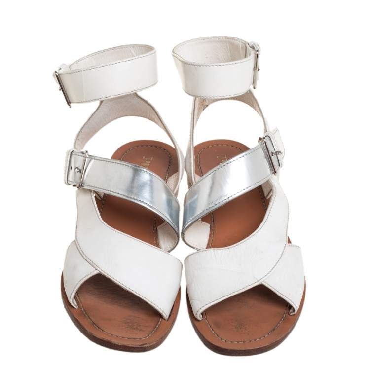Pre Owned Prada White/Silver Leather Flat Ankle Strap Sandals Size 37