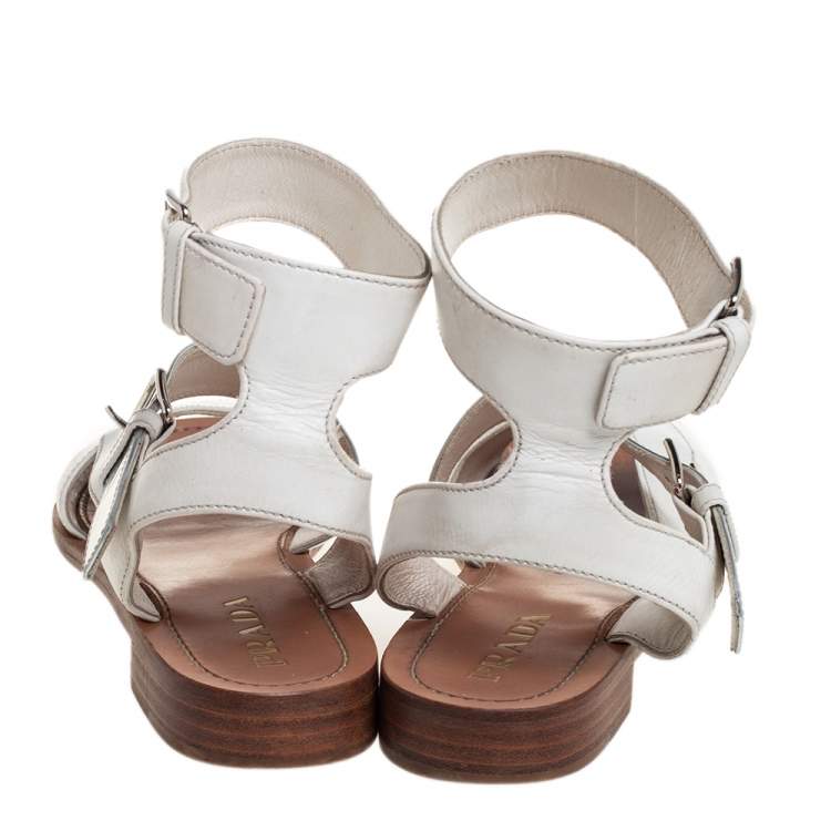 Pre Owned Prada White/Silver Leather Flat Ankle Strap Sandals Size 37