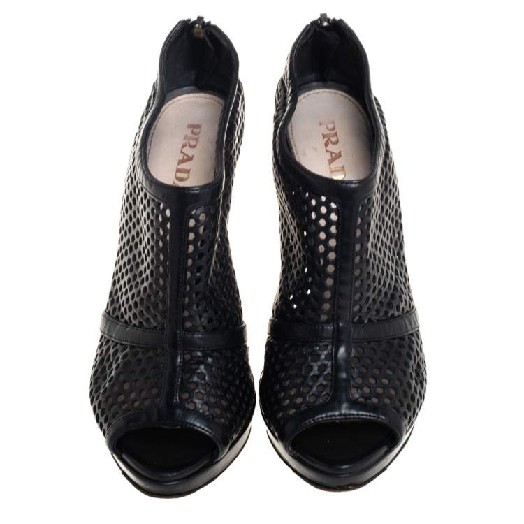 Pre Owned Prada Black Perforated Leather Peep Toe Booties Size 36