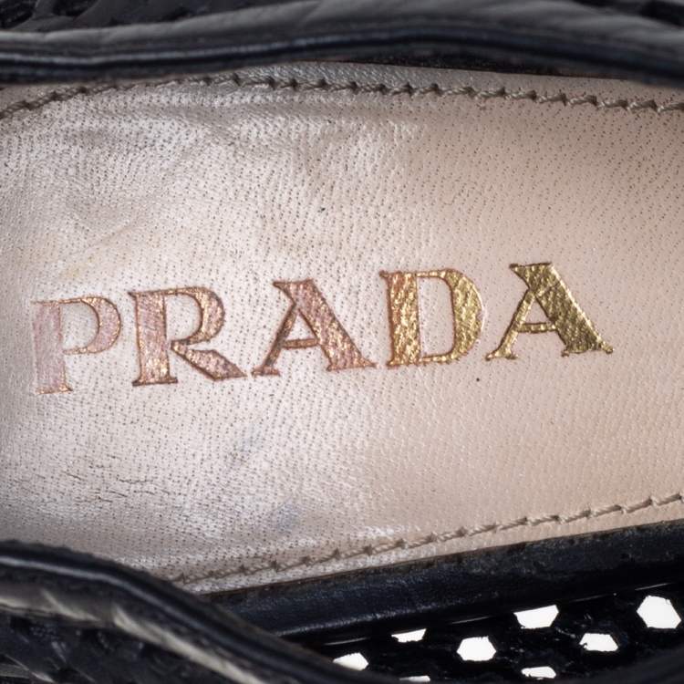 Pre Owned Prada Black Perforated Leather Peep Toe Booties Size 36