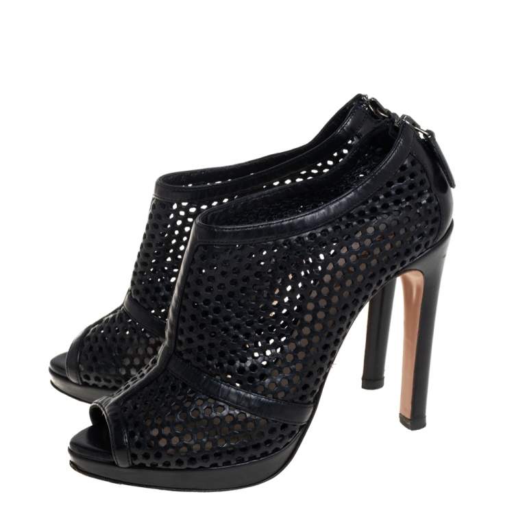 Pre Owned Prada Black Perforated Leather Peep Toe Booties Size 36