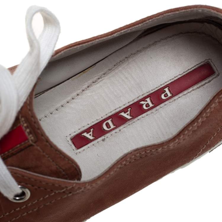 Pre Owned Prada Tan Leather   Low Top Lace Up Sneakers Size 39