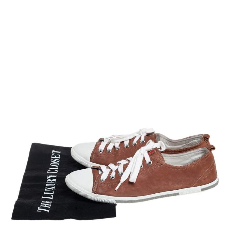 Pre Owned Prada Tan Leather   Low Top Lace Up Sneakers Size 39