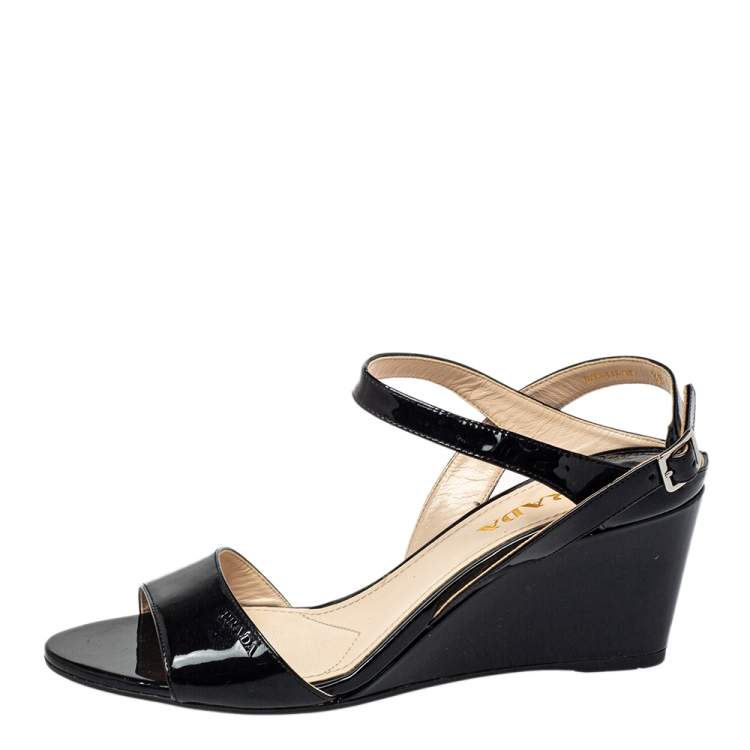 Elevated Comfort: Prada Black Patent Leather Strappy Slingback Wedge Sandals