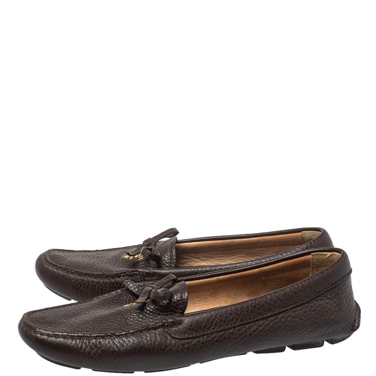 Pre Owned Prada Brown Leather Bow Slip On Loafers Size 40
