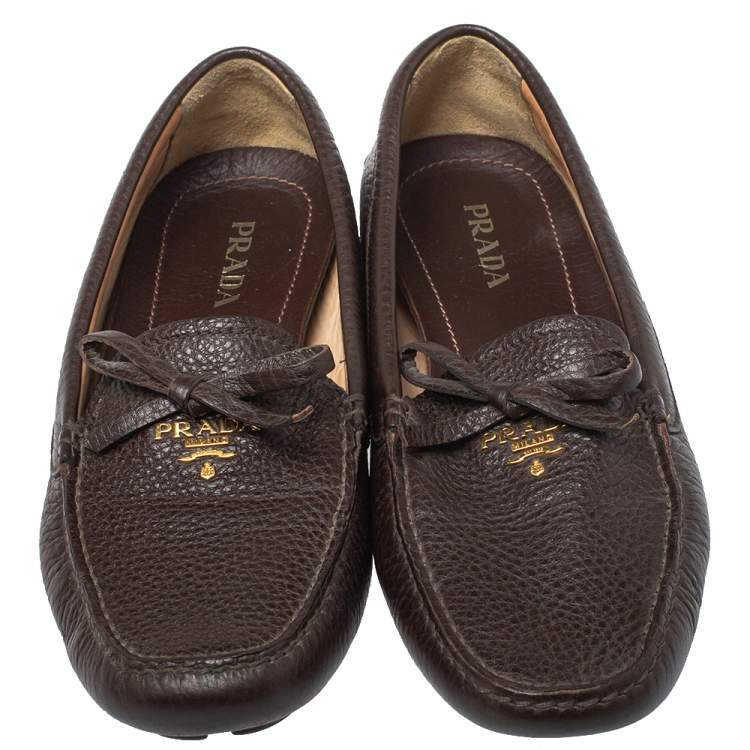 Pre Owned Prada Brown Leather Bow Slip On Loafers Size 40
