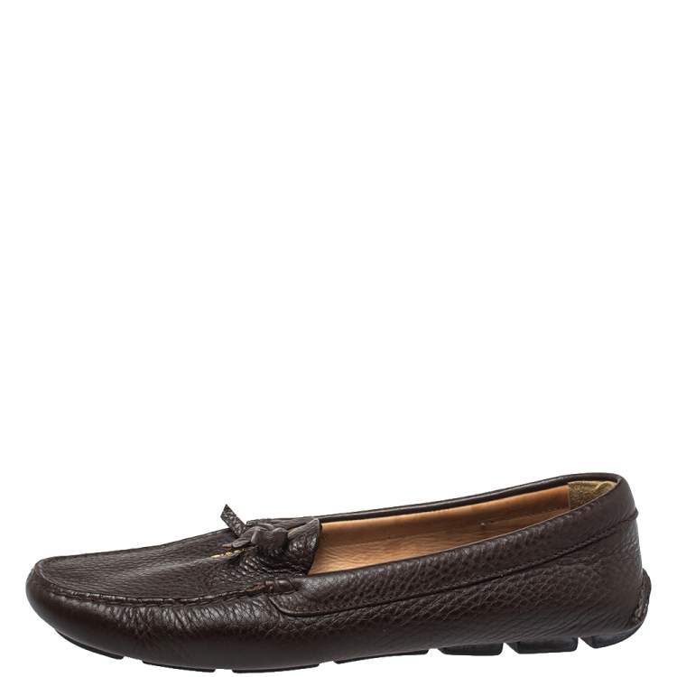 Pre Owned Prada Brown Leather Bow Slip On Loafers Size 40