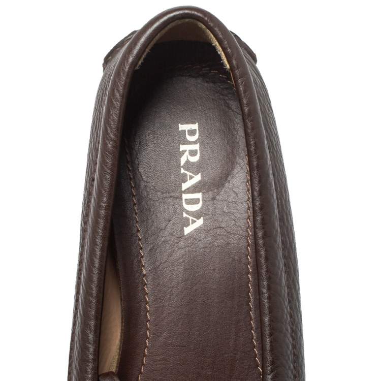 Pre Owned Prada Brown Leather Bow Slip On Loafers Size 40