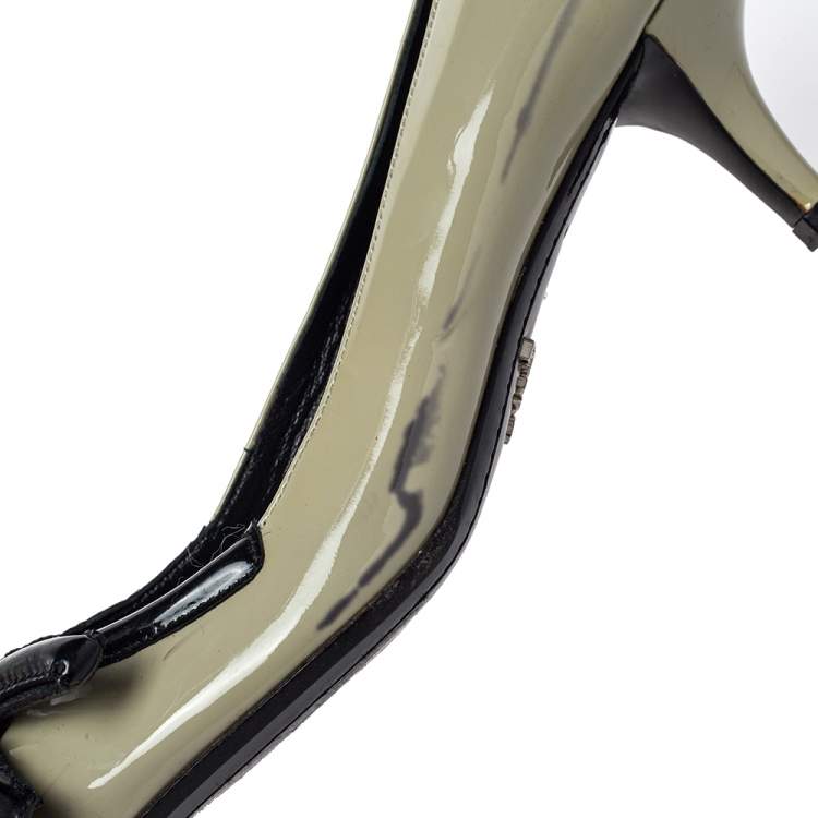 Pre Owned Prada Olive Green Patent Leather Pointed Toe Pumps Size 38