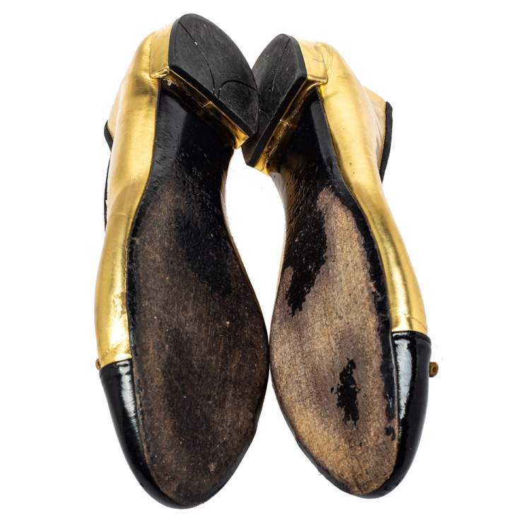 Pre Owned Prada Black/ Gold Patent Leather And Fabric Bow Cap Toe Ballet Flats Size 38